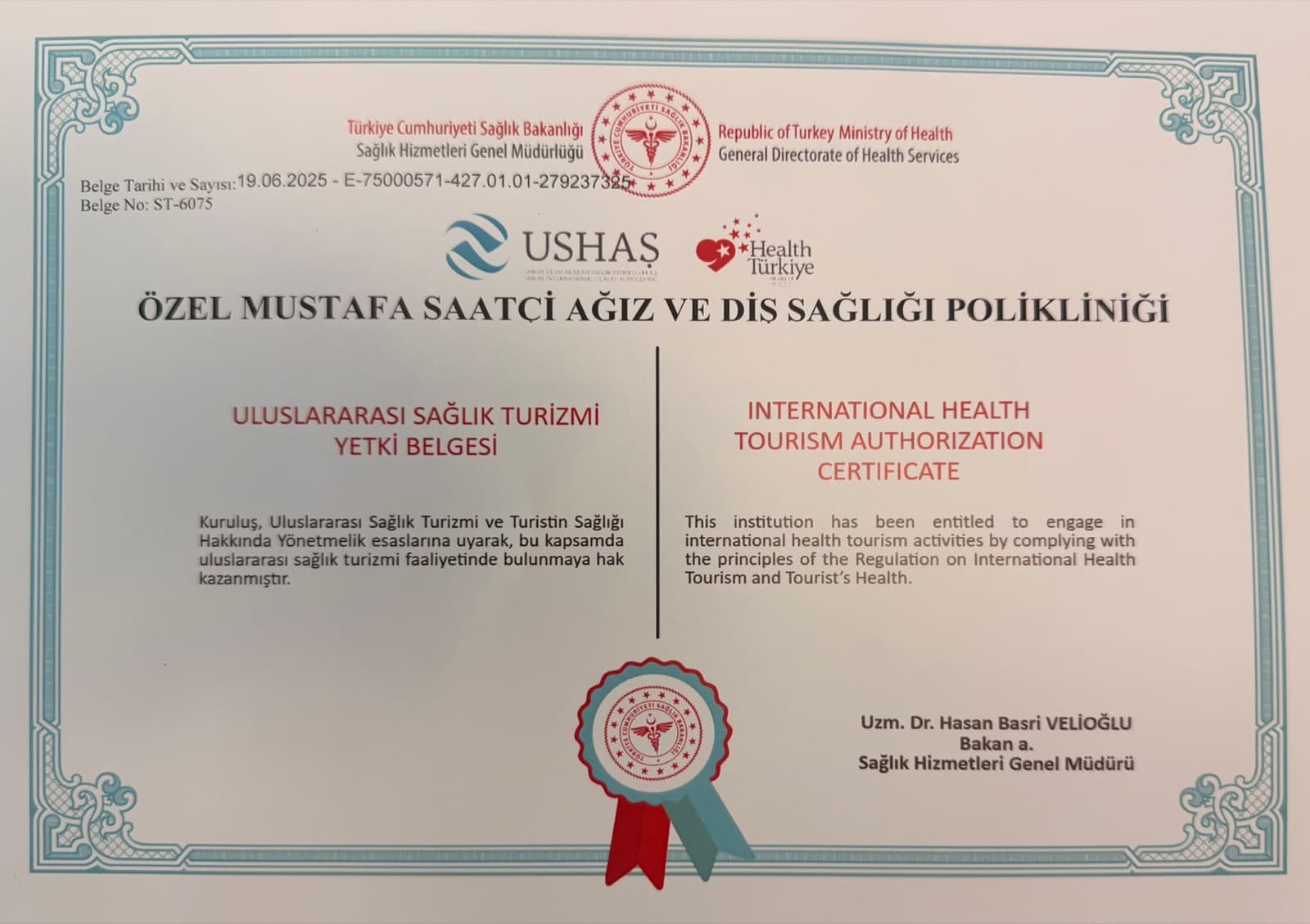 USHAŞ Uluslararası Sağlık Turizmi Yetki Belgesi